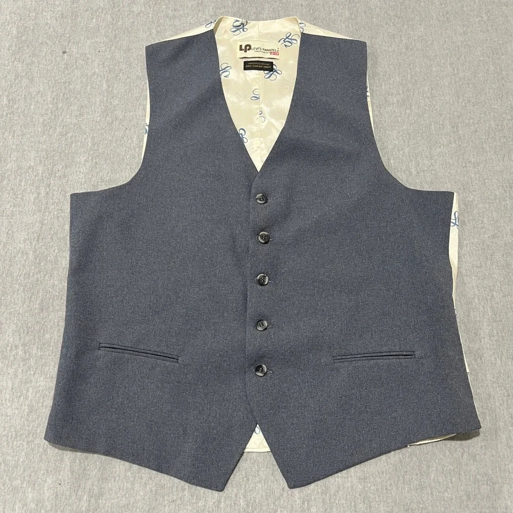 Vintage Levis Panatela Mens Vest Blue Gray Logo Back Cinch Waist Retro Large